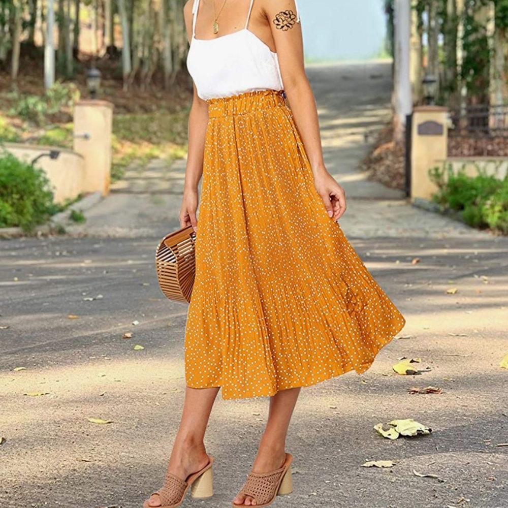 Womens Pleated Skirt Midi Maxi Skirt with Pockets